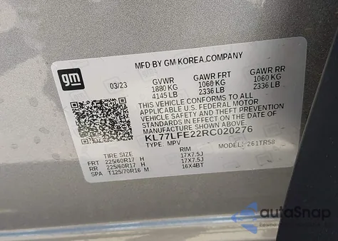 2024 Chevrolet Trax Fwd Sp z USA, uszkodzony, nr VIN KL77LFE22RC020276